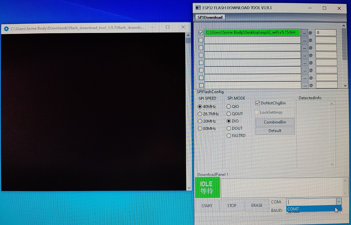 A different window pops up. Download the latest HomeBrew Gen3 firmware image file, and then click on the ... in the middle of the first table entry. Browse to the downloaded file, and enter its path into the Green area. Put a zero (0) in the smaller entry field to the right of it, and click the checkmark on the left. Down at bottom right, select the appropriate COM port for the HomeBrew/ESP32 from the drop-down menu there. (img20230102220256)