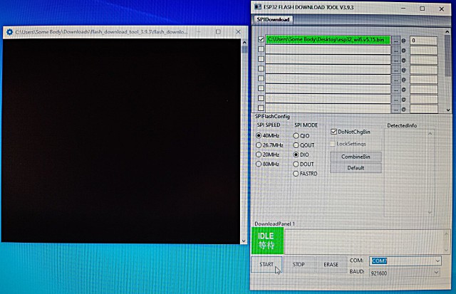 Now click on the BAUD pull-down, and select 921600. With everything filled in and looking more or less like this, it's time to click on START. (img20230102220307)